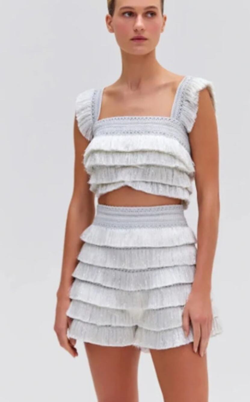 PatBO + Alessandra Ambrosio Metallic Fringe Shorts in Silver Sz. 4